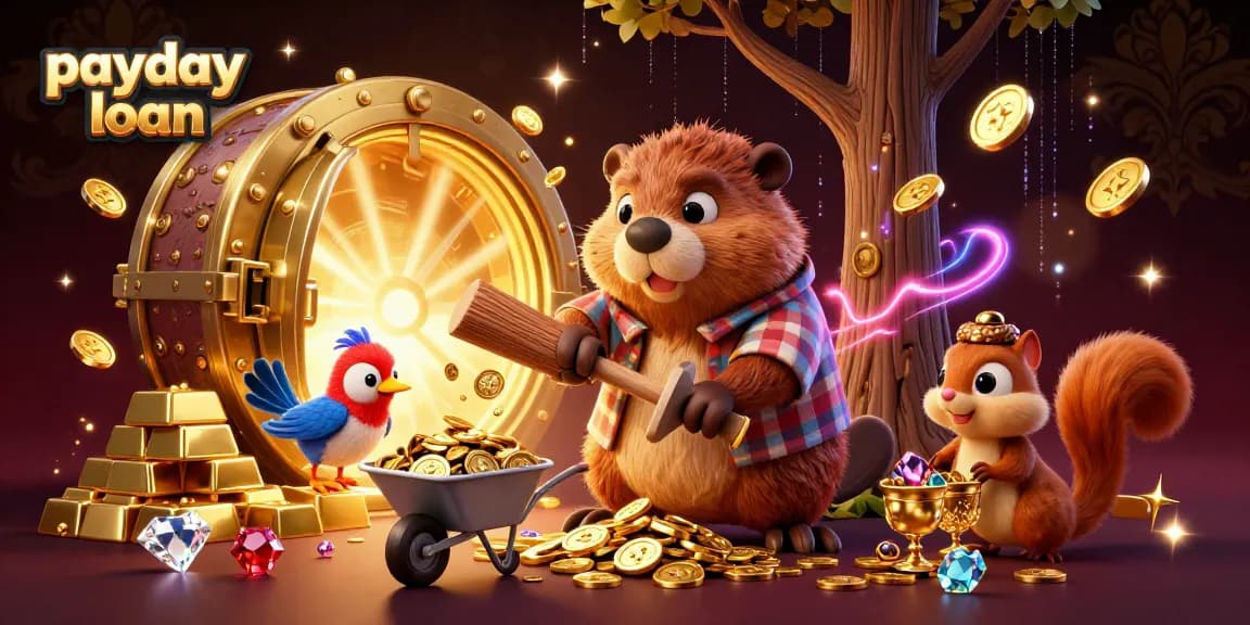 Experience the thrill of a payday loan with golden coins raining down in this vibrant 3D scene.