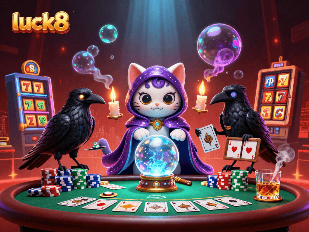 Luck8 showcases a vibrant casino scene with a fortune teller cat and poker elements, promising engaging play.