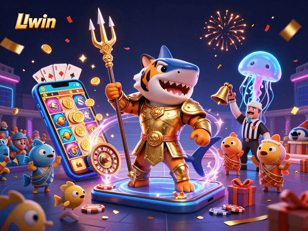 Engage with Llwin, the premier online casino as a tiger shark in armor battles amidst vibrant slot games.