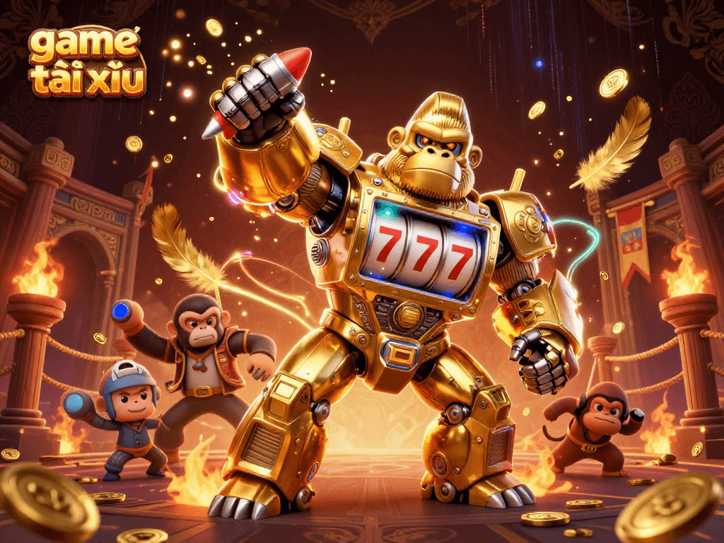 Engage in game tài xỉu with this animated robot gorilla smashing through coins in a dynamic casino scene.
