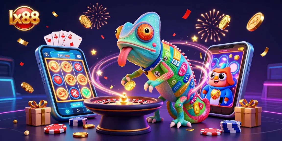 Experience dynamic entertainment at lx88 with a chameleon casino owner capturing golden coins and festive elements.