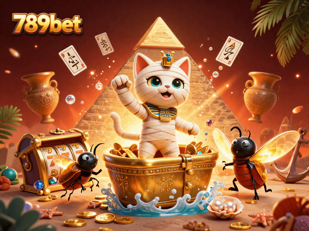 Experience thrilling moments with 789bet as a mummy cat bursts from its golden sarcophagus in a vibrant casino scene.