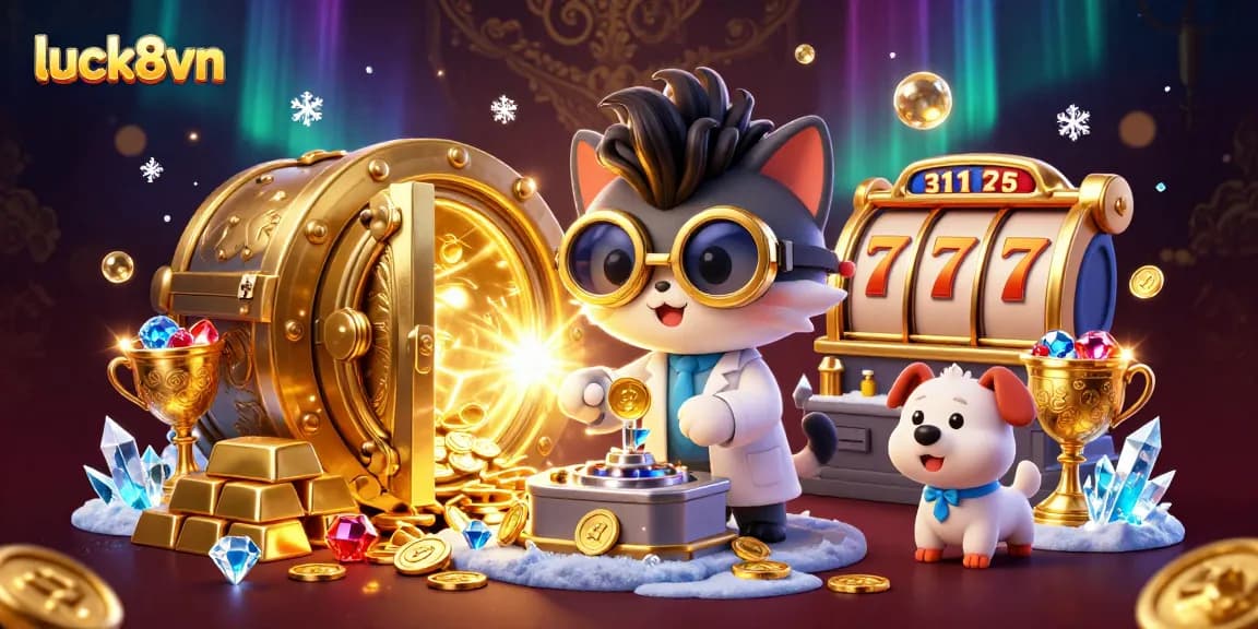 Experience the thrill of winning with luck8vn in this vibrant 3D casino scene filled with slot action.
