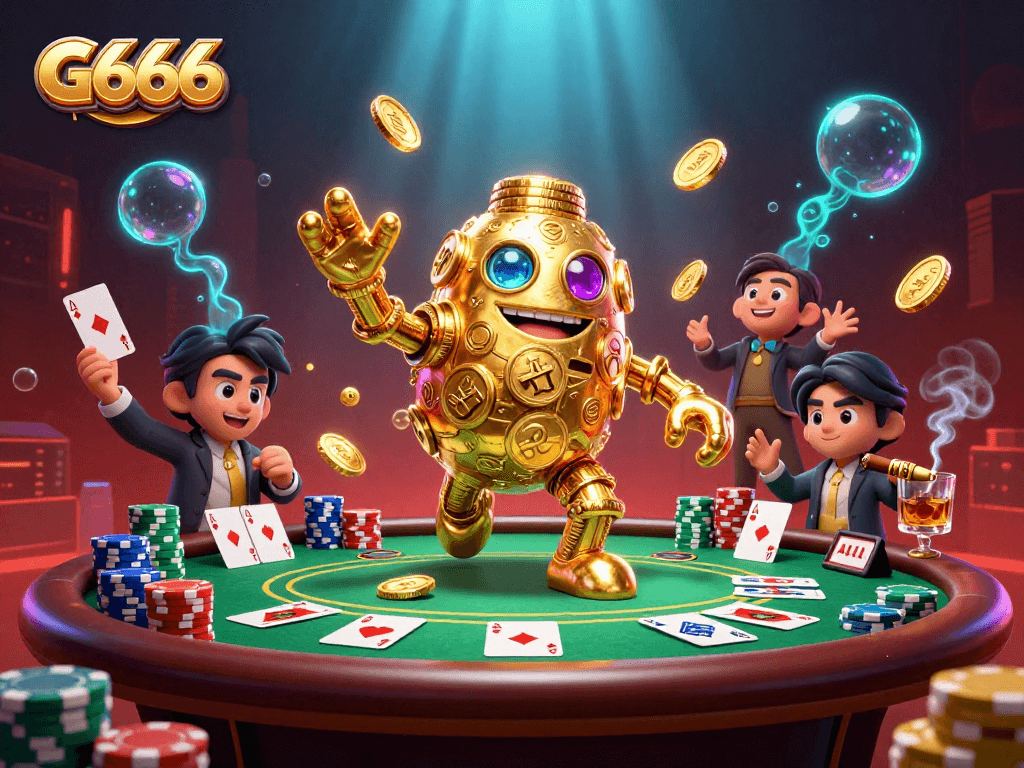 Experience G666 with an ancient golden golem, vibrant poker tables, and dynamic casino elements.