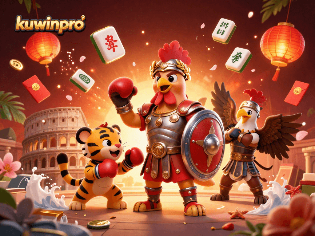 Kuwinpro showcases an energetic scene with a gladiator rooster, a tiger cub boxer, and decorations embodying vibrant casino excitement.