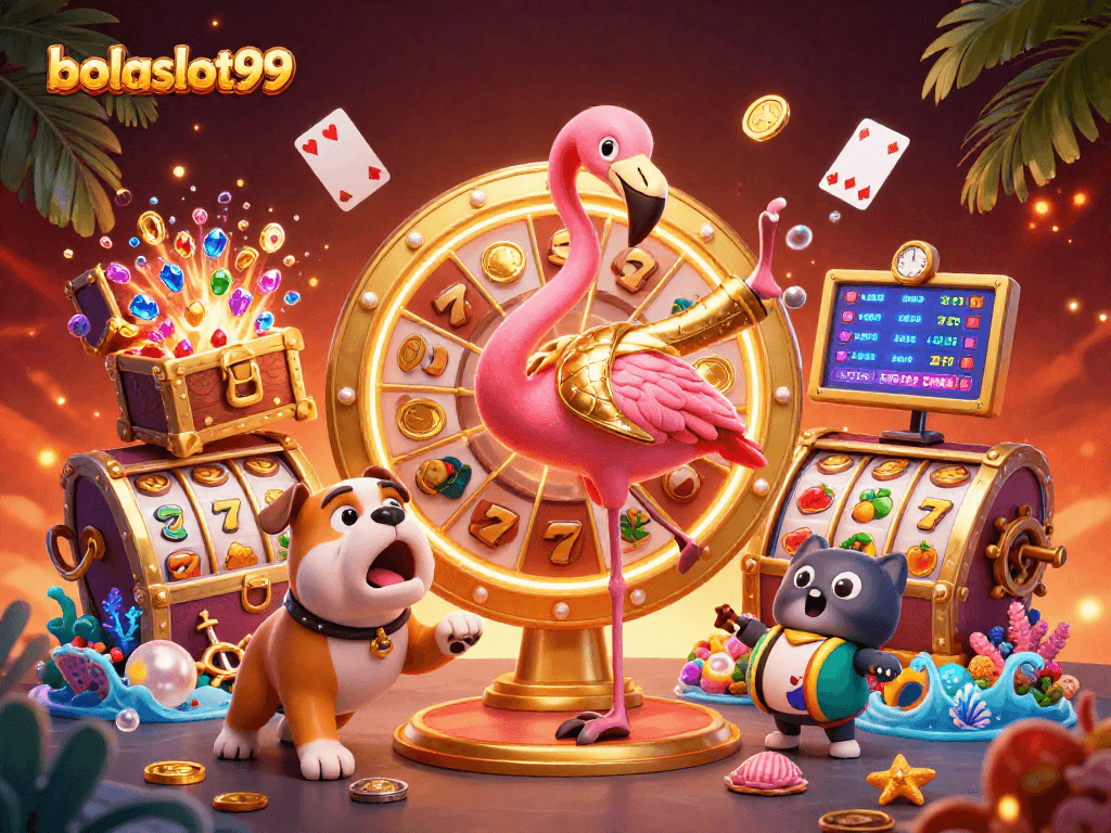 BOLASLOT99 showcases an exciting scene with a flamingo game host and bulldog contestant at a vibrant casino-themed prize wheel.
