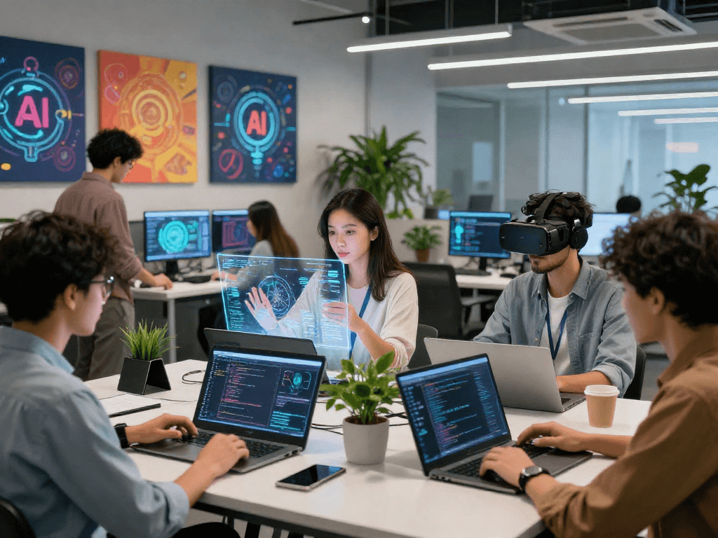 Young adults engaging with 18+ AI technologies in a futuristic office, showcasing innovation and collaboration.
