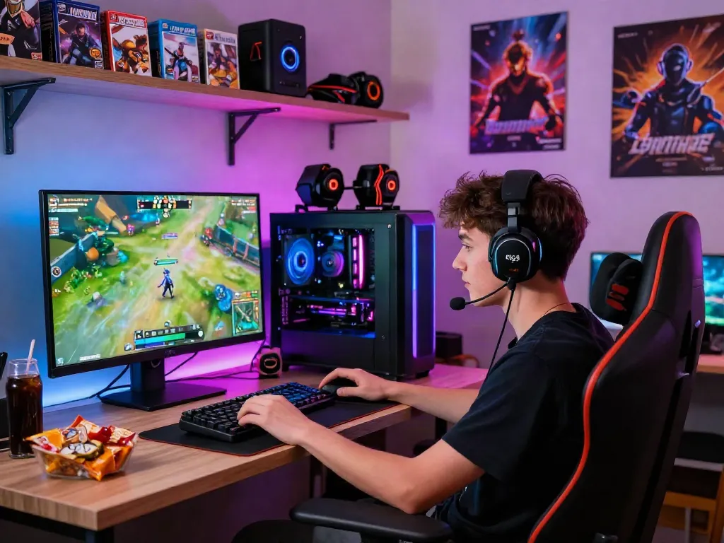 Gamer enjoying warung168 digital gaming experience with high-end setup and vibrant atmosphere.