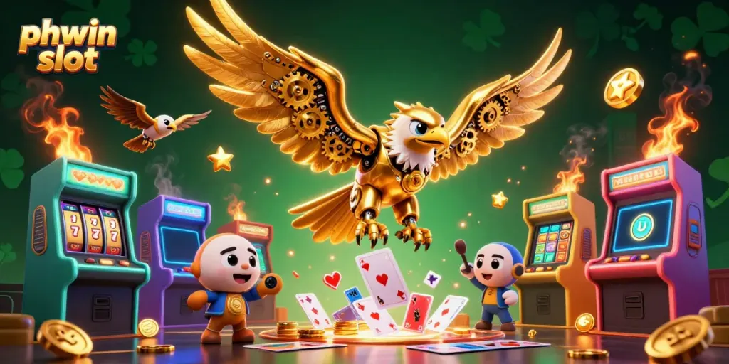 Experience thrilling gameplay with phwin slot as a cybernetic eagle dives among cascading colorful cards.