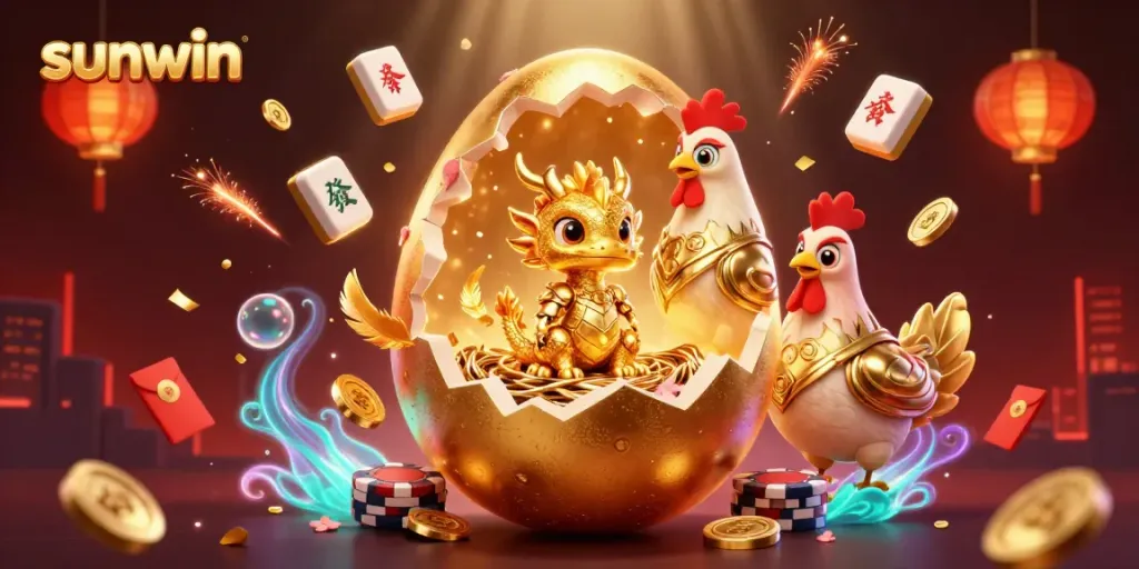 Engage with sunwin's vibrant gaming world featuring a golden dragon amidst casino elements and festive decorations.
