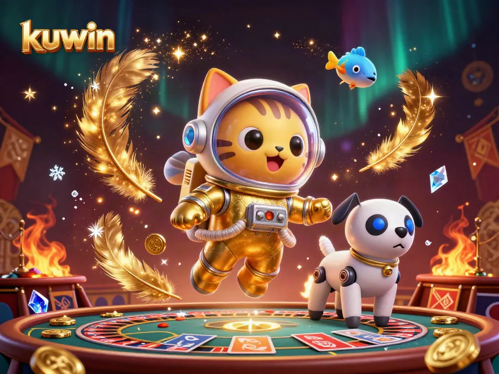 Kuwin's vibrant live casino scene featuring an astronaut cat and its robot dog amidst betting tokens and roulette wheels