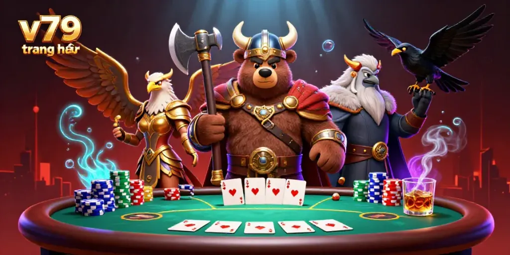 Experience thrilling gameplay at v79 trang chủ with a dynamic scene featuring Viking characters and poker elements.