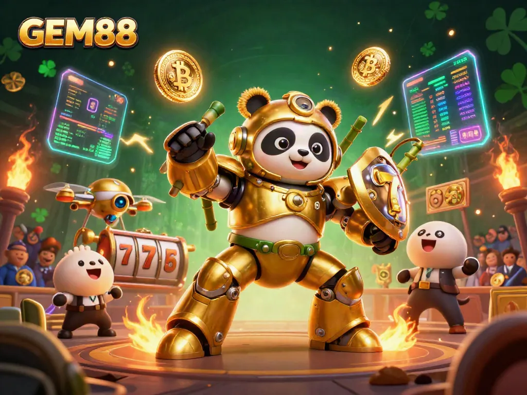 Experience the excitement of GEM88 with a 3D golden panda in a mech suit battling for jackpots surrounded by vibrant casino elements.