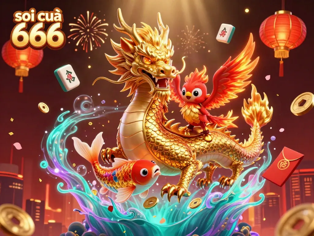 Capture winning chances with soi cầu 666 featuring a golden dragon and phoenix amidst a colorful casino-themed scene.