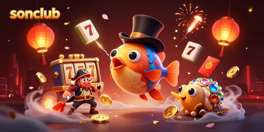 sonclub's vibrant gaming scene with cartoon characters and dazzling casino elements, showcasing exciting jackpots