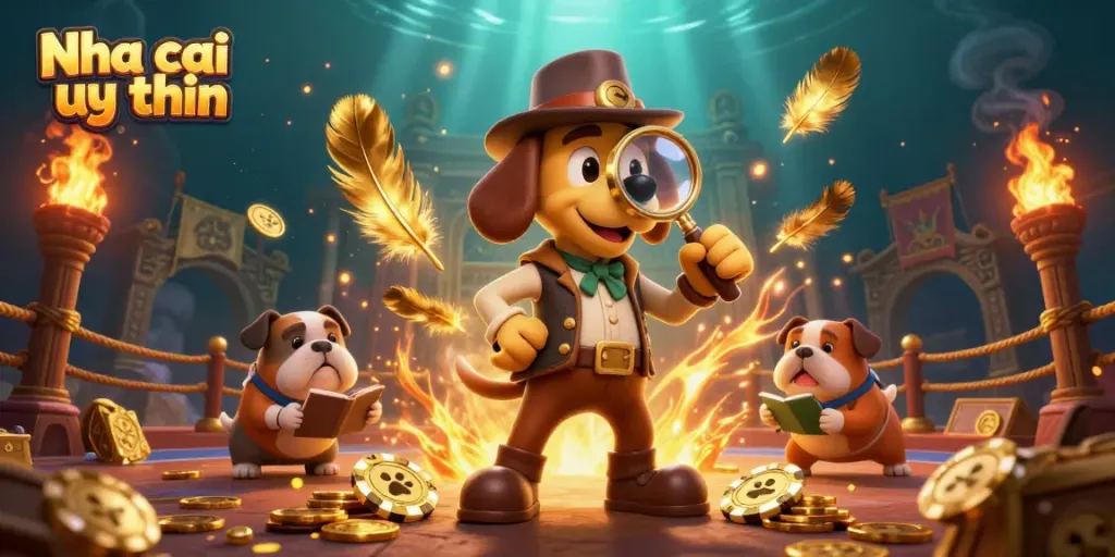 Nha cai uy tin showcases a vibrant scene of a detective and bulldog immersed in an exciting treasure hunt.