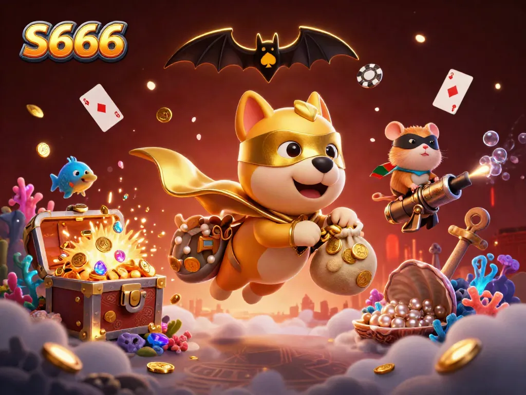 Experience exciting action with S666, featuring a superhero dog and hamster amidst a treasure-filled casino world.