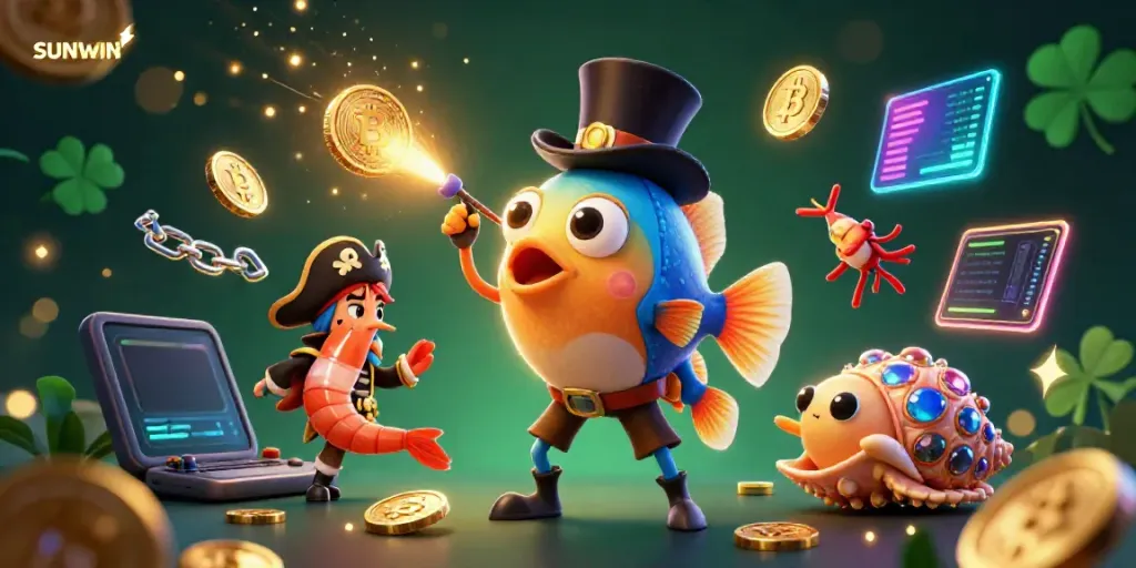 Engage with SUNWIN's thrilling gameplay in a vibrant underwater scene with animated characters and glowing casino elements.