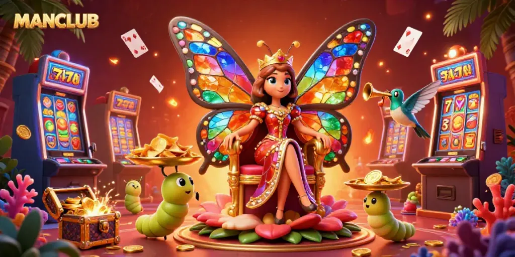 Experience the MANCLUB excitement with vibrant slot machines and enchanting characters in a casino adventure.