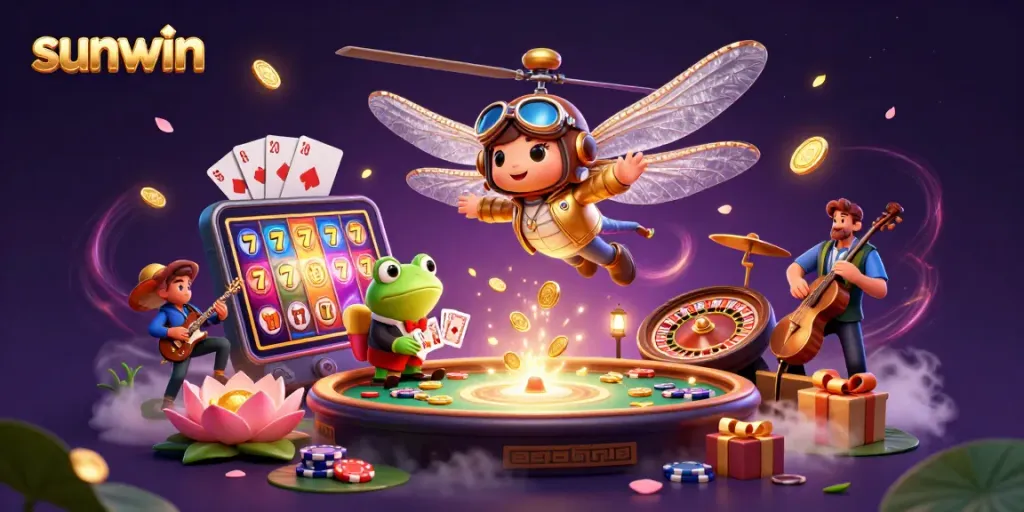 Experience the thrill of sunwin's colorful slots in a vibrant 3D casino scene.