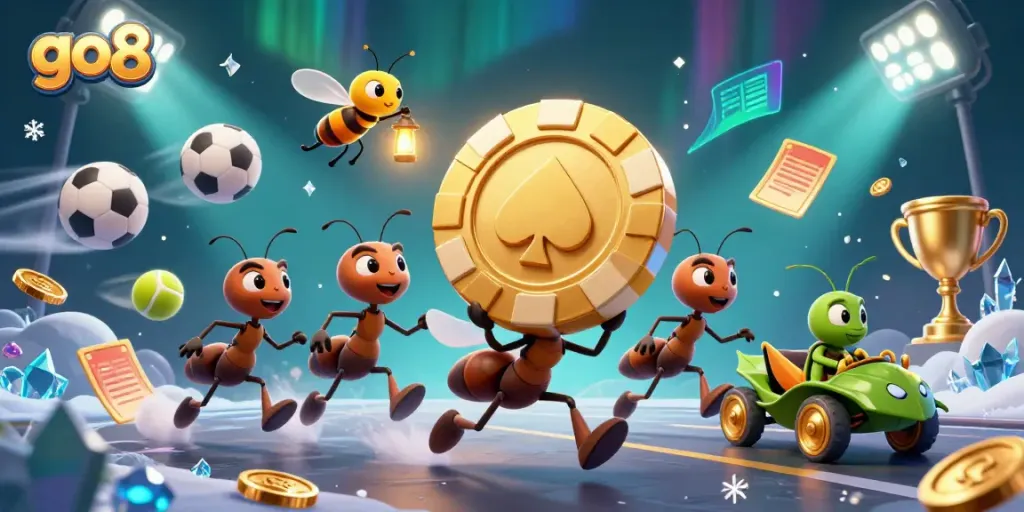 Engage in thrilling gaming at go8 with ants carrying a golden poker chip, amidst sports elements.