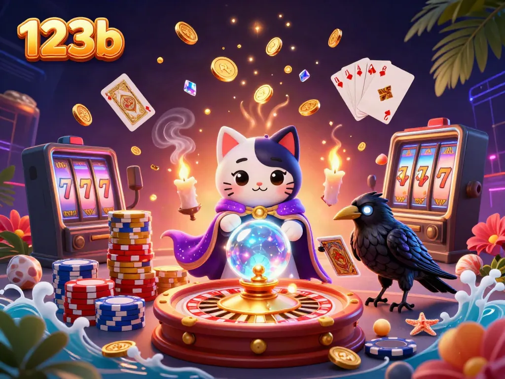 Engage in thrilling games at 123b with a vibrant scene featuring mystic characters and casino elements.