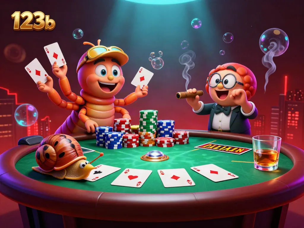 Engage in thrilling poker action with 123b's lively casino scene showcasing vibrant characters and dynamic gameplay.