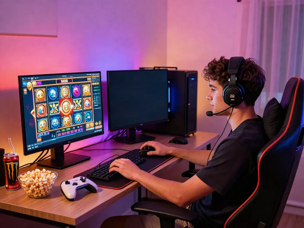Player enjoying a slot gacor game on a dual-screen setup in a stylish gaming room with LED lights.