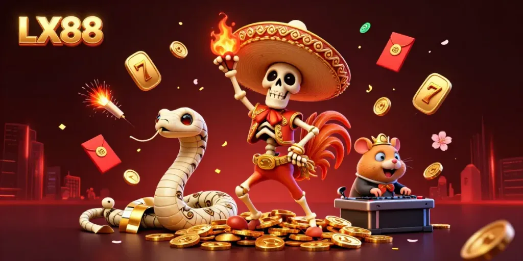 Engage with LX88’s colorful casino scene featuring a whimsical skeleton mariachi celebrating amid jackpot symbols.