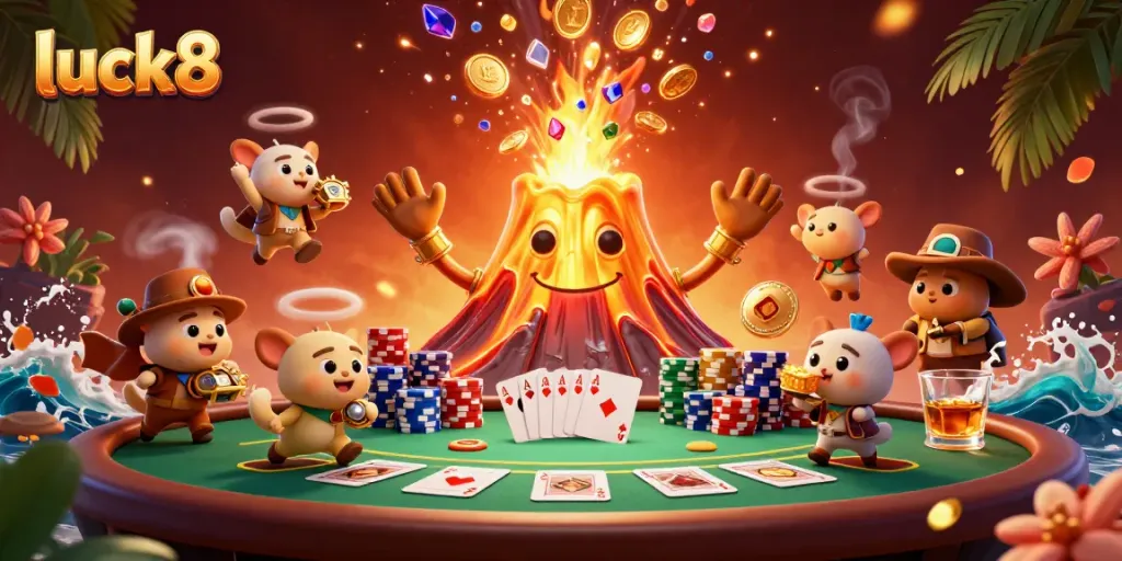 Engage with luck8's thrilling casino experience featuring vibrant poker elements and treasure.