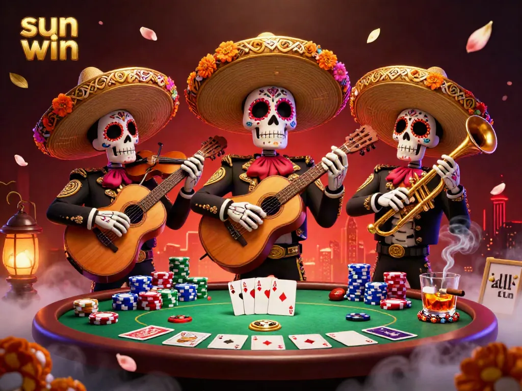 Engage with sun win as colorful Day of the Dead skeletons play music around a high-stakes poker scene.
