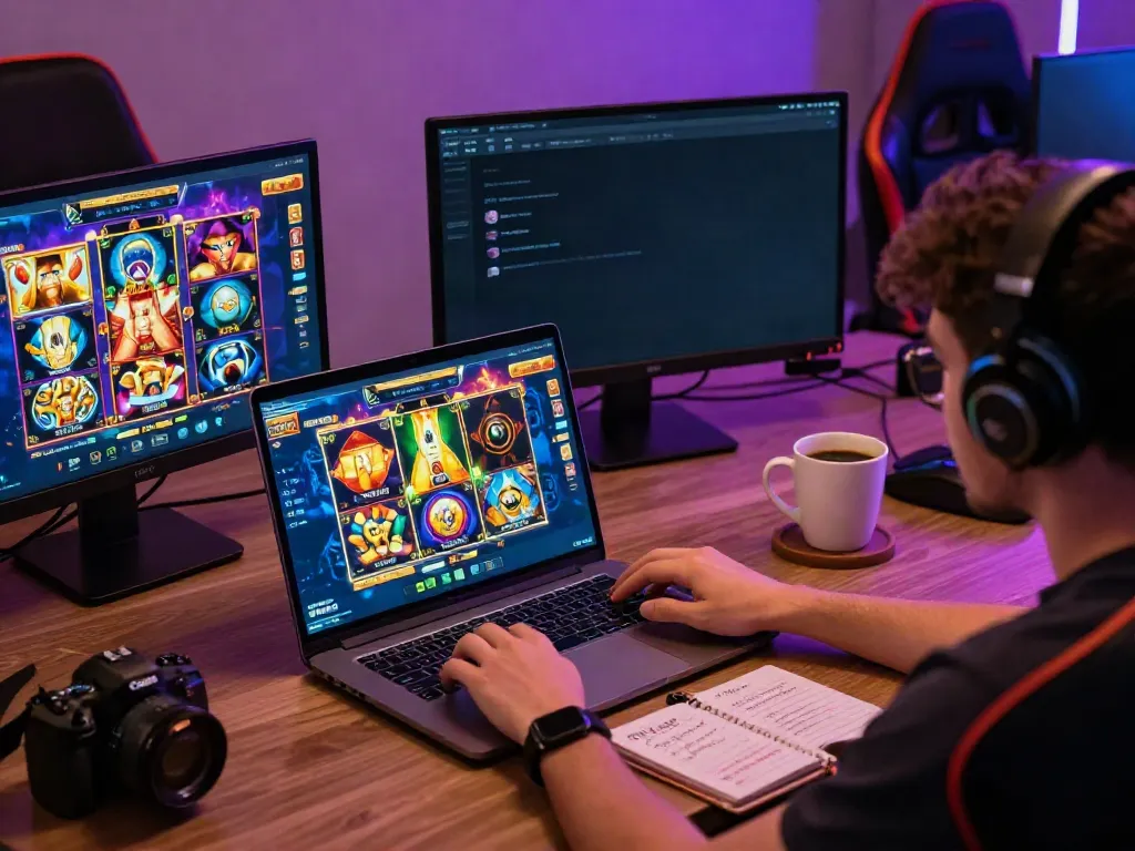 Player enjoying an immersive experience with slot Thailand games on a modern laptop surrounded by gaming accessories.