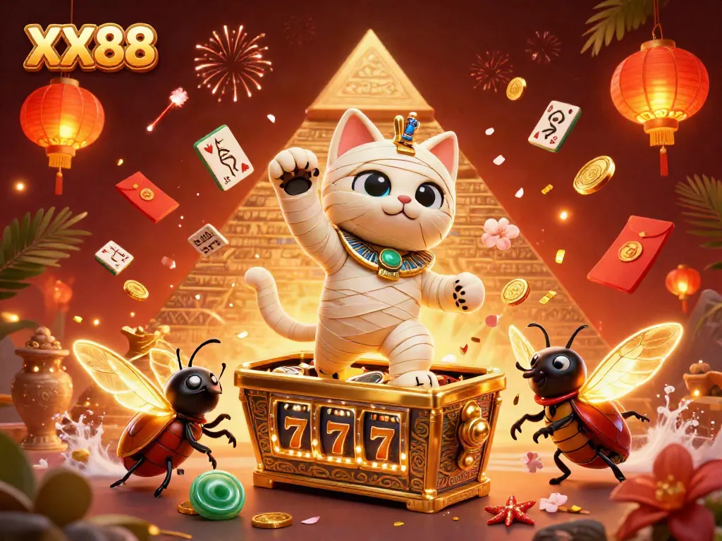 Experience exhilarating gameplay at XX88 with a vibrant casino scene featuring a mummy cat and glowing elements for gamblers.