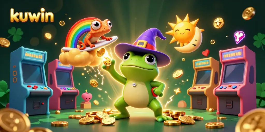 Play and win big at kuwin with a vibrant cartoon illustration showcasing gaming action