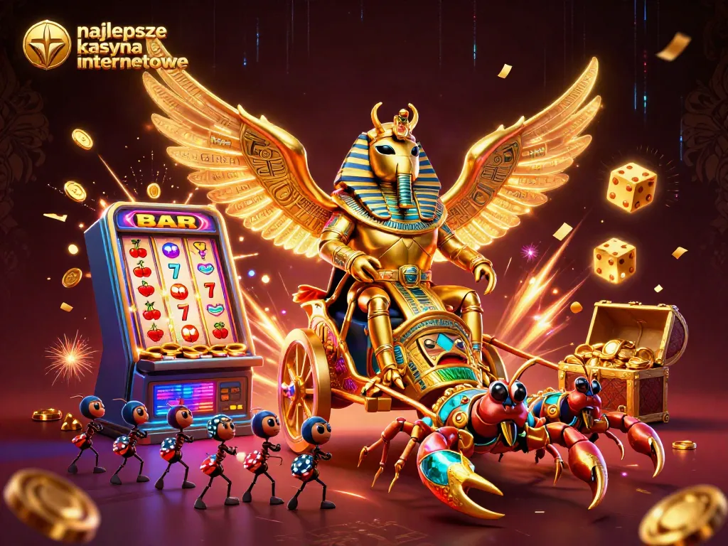 Experience the excitement of najlepsze kasyna internetowe with a dynamic gaming scene featuring a golden scarab beetle and abundant gaming symbols.
