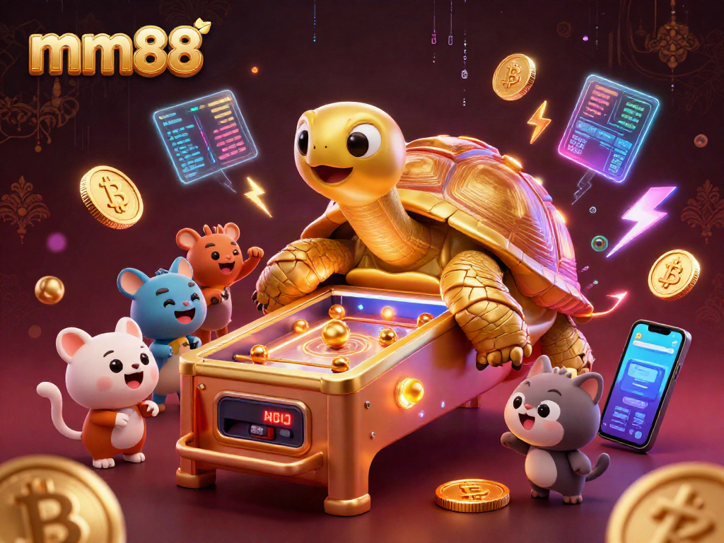 Engage with mm88 through this exciting illustration showcasing a casino theme with animals playing a pinball machine.