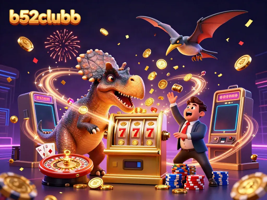 Experience jackpots with b52clubb as a 3D dinosaur engages a golden slot machine amidst flying coins and vibrant casino elements.