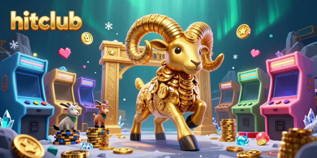 Experience hitclub's thrilling gaming adventure with a charging golden ram, colorful arcade machines, and sparkling coins.