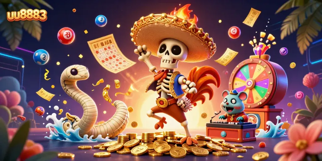 Engaging illustration of the lively gambling scene featuring uu8883 with characters celebrating amidst flying game elements.