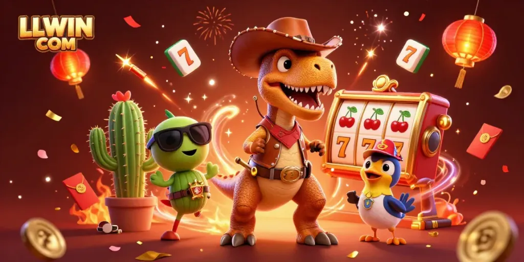 Engage with LLWIN COM as a T-Rex cowboy spins slot reels amidst festive decorations and dynamic energy.