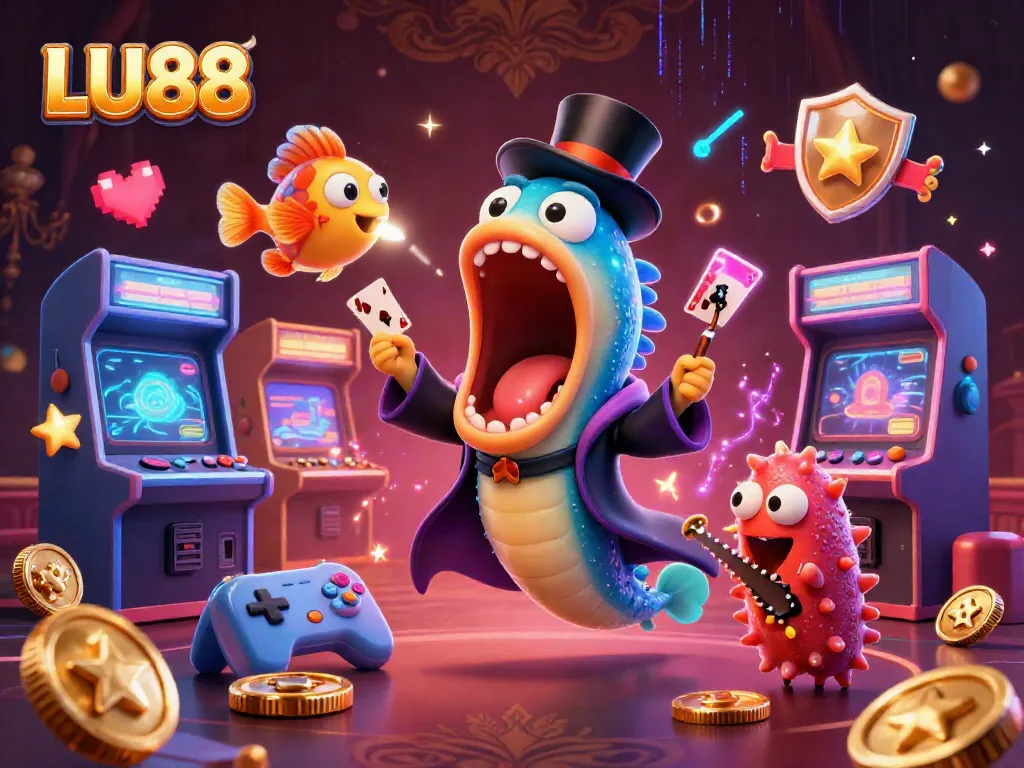 LU88 showcases a magical gambling scene with a deep-sea eel performing tricks surrounded by casino elements.