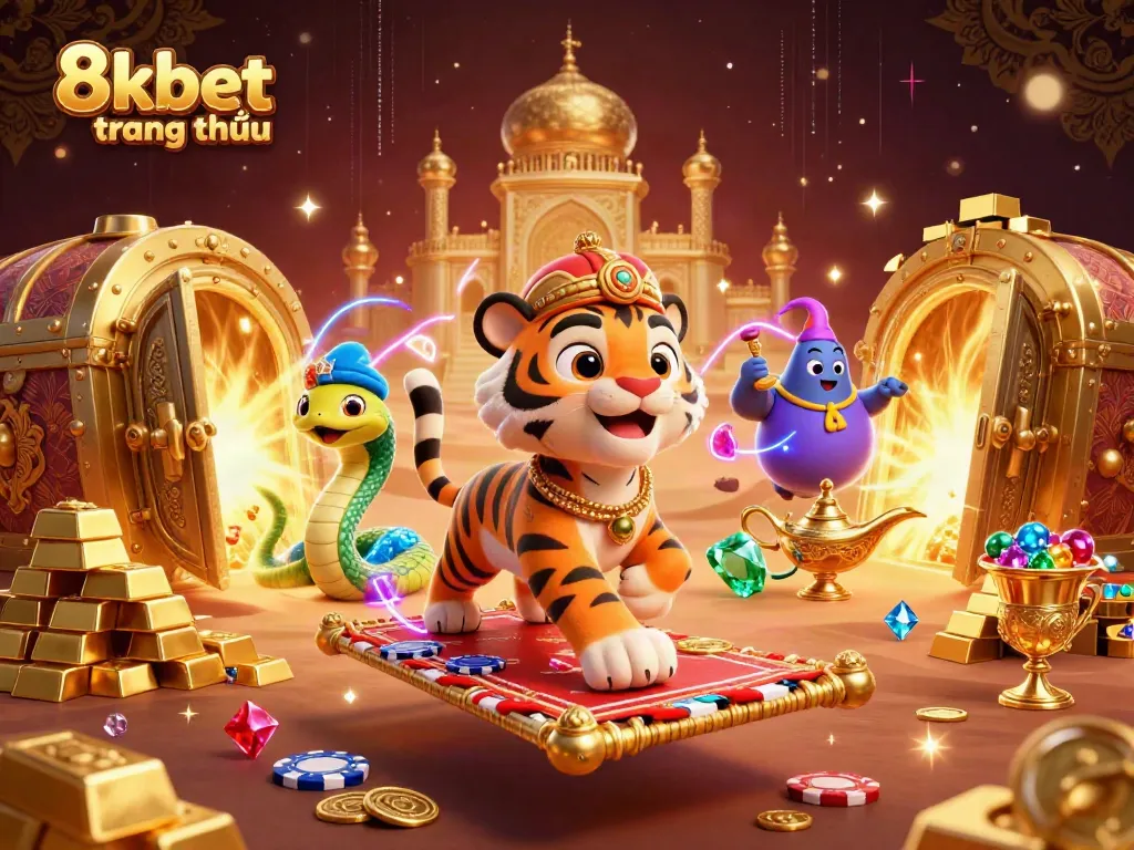 Engage in thrilling gaming experiences at 8xbet trang chủ with an Arabian-themed casino atmosphere rich in golden treasures.