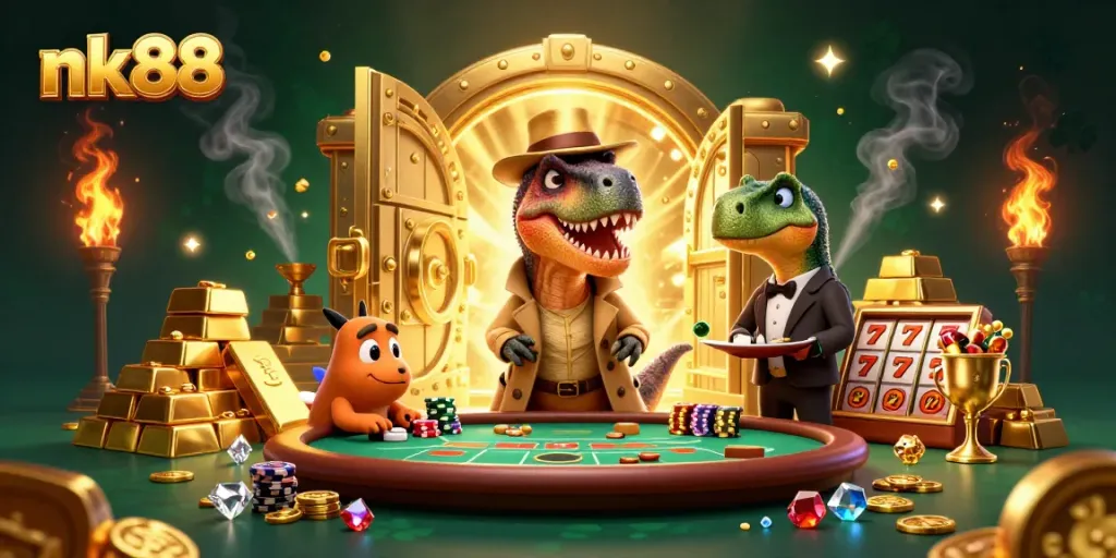 nk88 cartoon velociraptor card counter at a blackjack table surrounded by dazzling casino elements