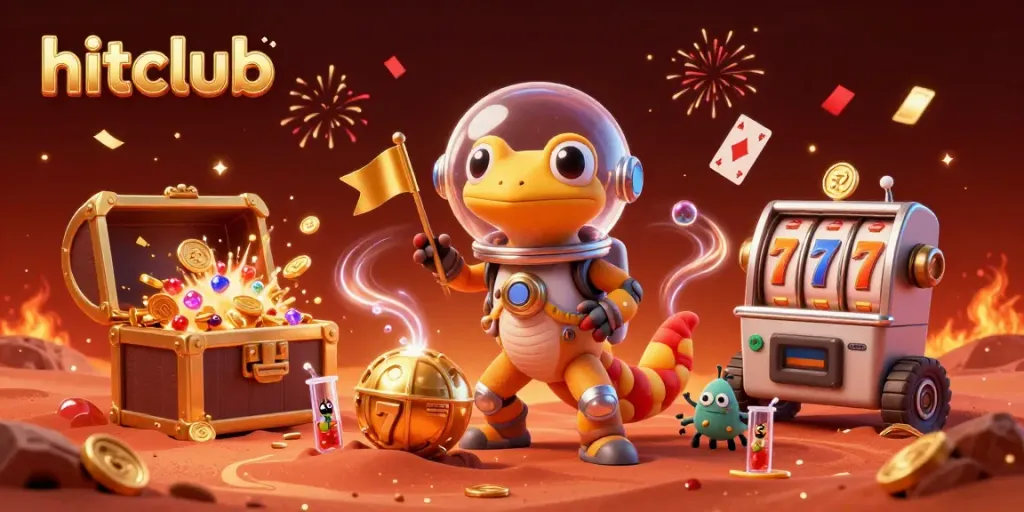 Engage with hitclub's thrilling casino adventure featuring a Martian gecko and a robot in a vibrant 3D scene.