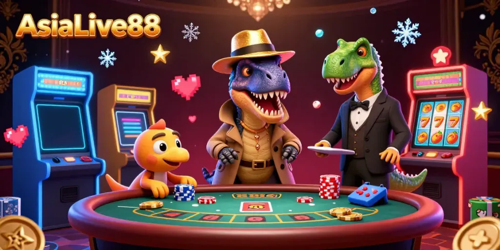 Engage in thrilling gameplay at AsiaLive88 with a colorful scene of 3D characters amidst vibrant casino elements.