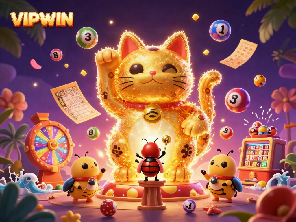 Experience excitement at VIPWIN with a lively illustration of gambling elements, showcasing a unique lucky cat and vibrant game symbols.