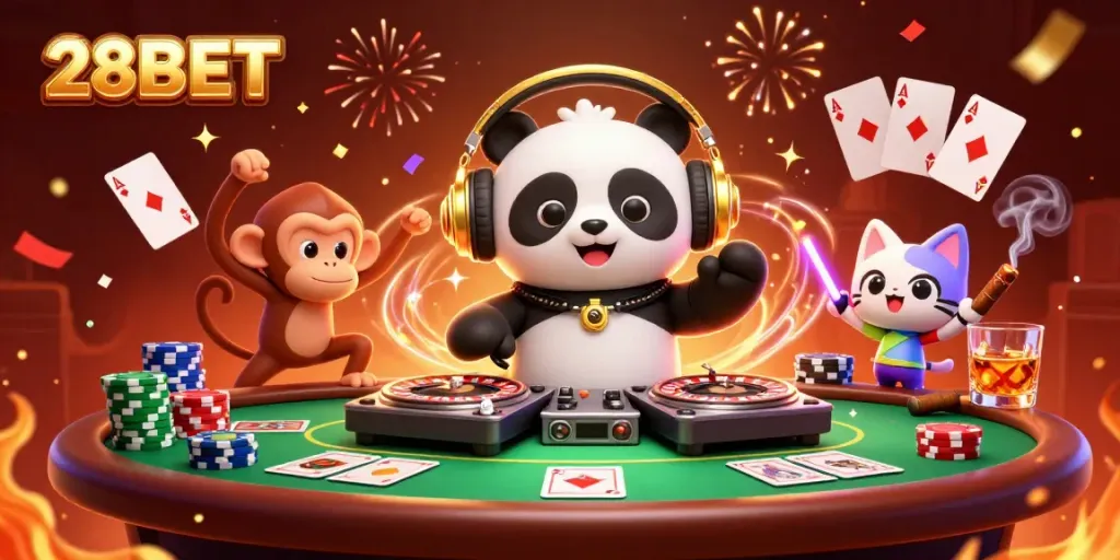 Experience excitement with 28BET in this vibrant 3D casino scene featuring lively characters and game elements.