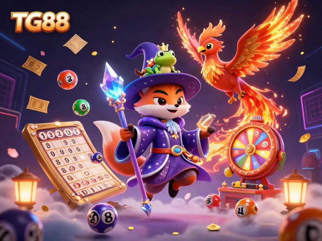 Experience the magic of TG88 casino with a dynamic illustration featuring mystical characters and vibrant gaming elements.