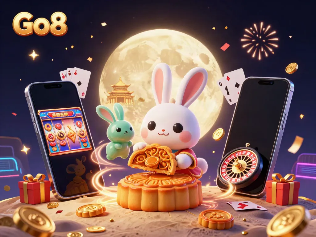 Experience Go8's exciting gambling universe with playful moon rabbits, vibrant slots, and festive casino elements.