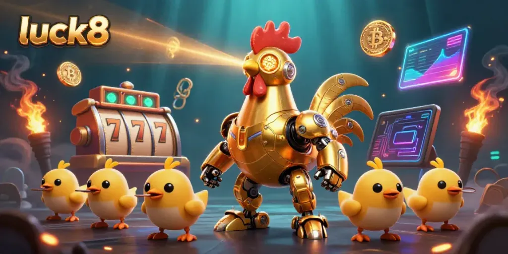 Experience the thrill of luck8 with a vibrant golden rooster robot and dazzling slot games.